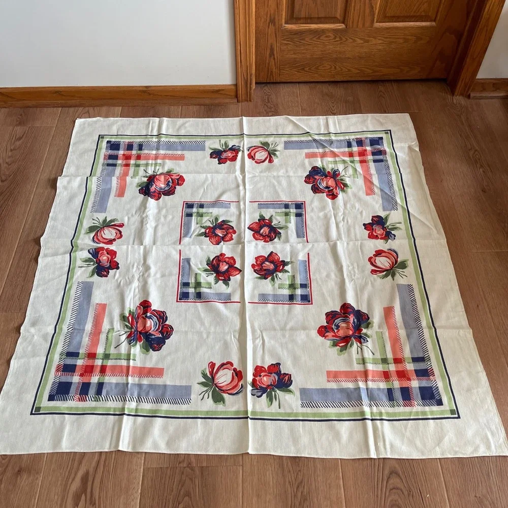 VTG Tablecloth Red Blue Floral Handkerchief Pattern Picnic 1950s Square 49 x 49
